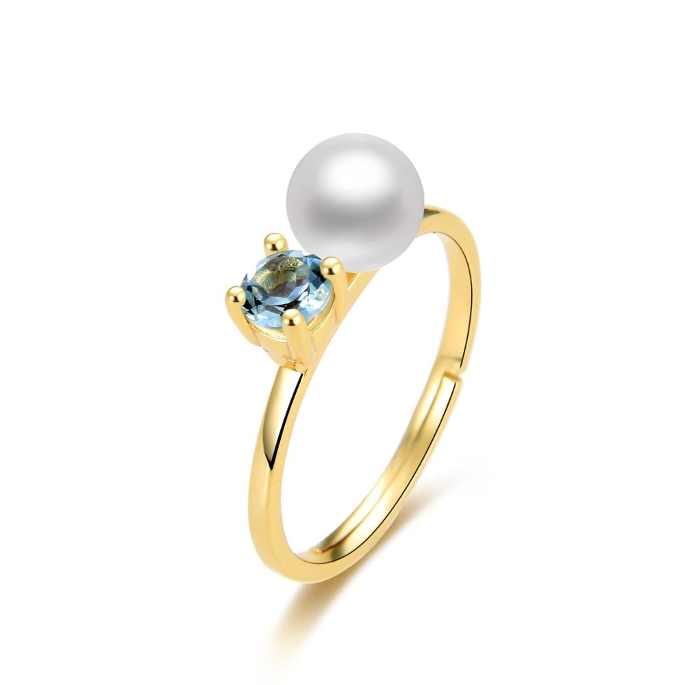 Gold Color Ring Blue CZ White Sterling Silver Pearl Ring