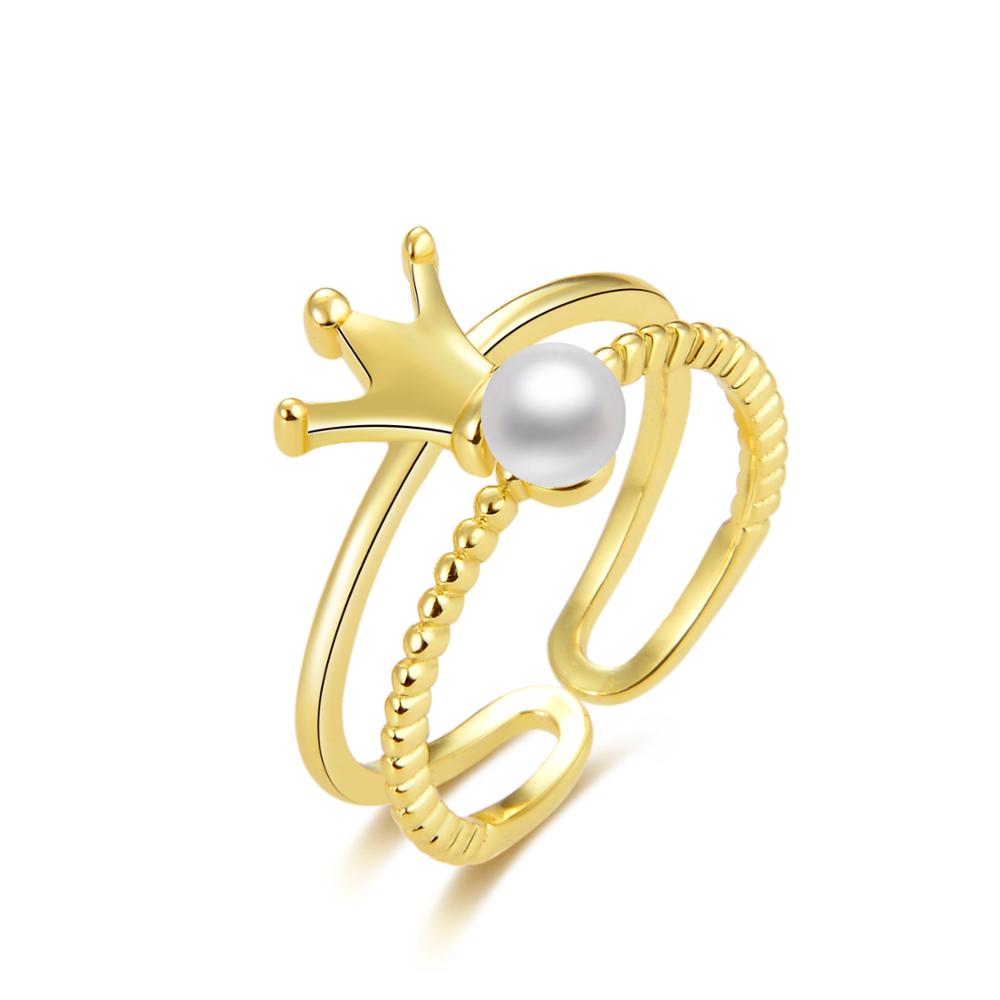 Silver Rings Open Double Band Pearl Crown Ring