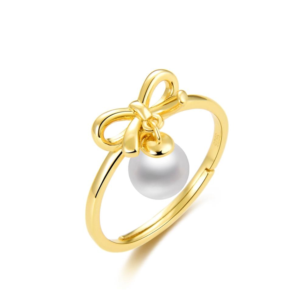 Gold Color  Silver Ring Pearl Bowknot Ring