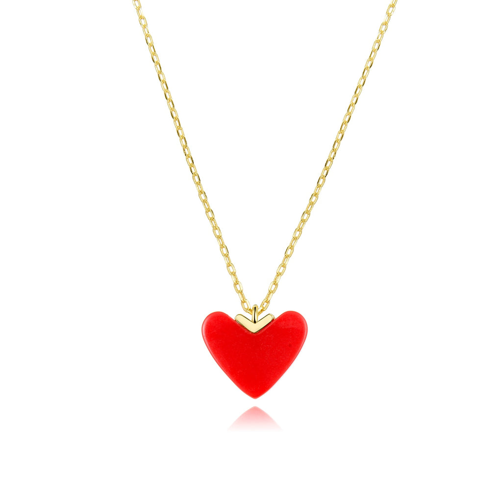 Silver Red Love Heart Coral Pendant Necklace